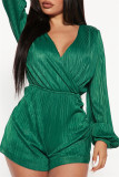 Pink Casual Solid Patchwork V Neck Regular Rompers