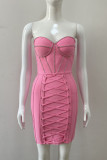 Pink Sexy Solid Bandage Patchwork Hot Drill Strapless Pencil Skirt Dresses