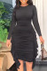 Black Casual Solid Patchwork Flounce Fold O Neck One Step Skirt Dresses