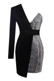 Gold Sexy Formal Patchwork Backless V Neck Evening Dress Dresses
