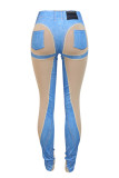 Blue Casual Print Patchwork Skinny High Waist Pencil Patchwork Trousers