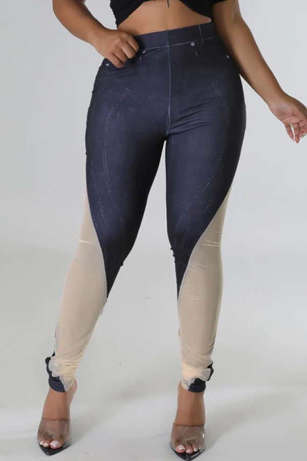 Black Casual Print Patchwork Skinny High Waist Pencil Patchwork Trousers