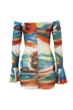 Turquoise Sexy Print Patchwork Strapless Pencil Skirt Dresses