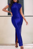Blue Elegant Solid Patchwork Slit Fold Half A Turtleneck One Step Skirt Dresses