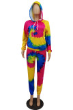 Yellow Casual Print Tie Dye Patchwork Hooded Collar Long Sleeve Two Pieces