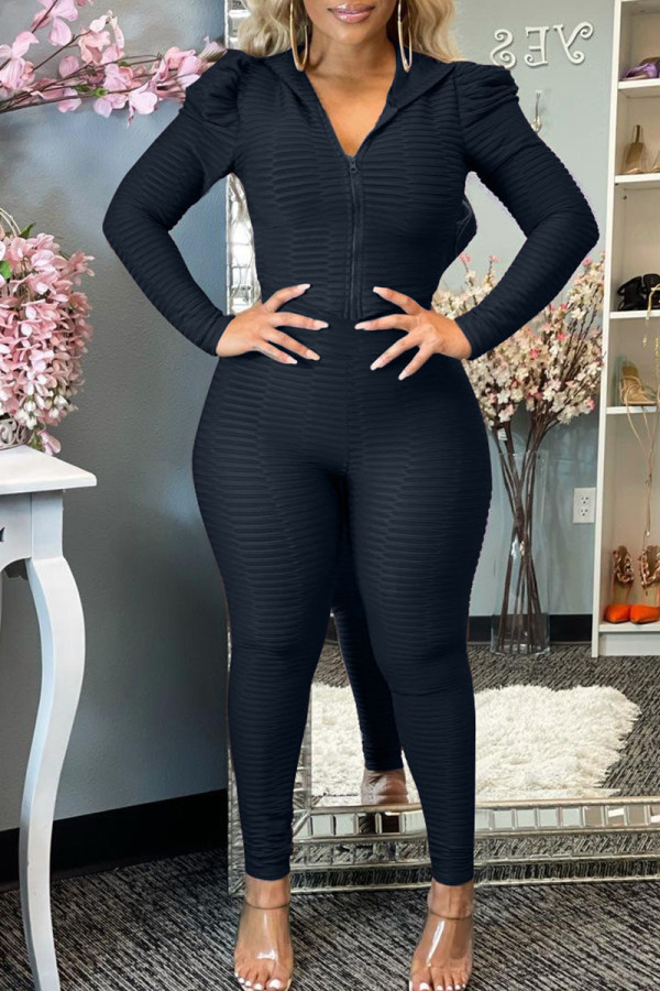 Black Casual Sportswear Solid Patchwork Fold Hooded Collar Long Sleeve Two Pieces