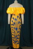 Yellow Elegant Print Patchwork Fold Off the Shoulder One Step Skirt Dresses