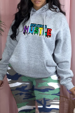 Grey Casual Print Patchwork Hooded Collar Tops