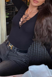 Black Sexy Solid Hollowed Out V Neck Skinny Bodysuits