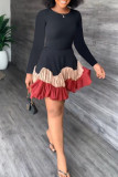 Orange Casual Solid Patchwork Fold O Neck Long Sleeve Dresses