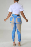 Blue Casual Print Patchwork Skinny High Waist Pencil Patchwork Trousers