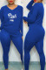 Blue Casual Letter Print Slit V Neck Long Sleeve Two Pieces