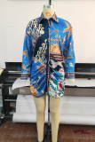 Blue Street Print Patchwork Turndown Collar Printed Dress Dresses( without belt)