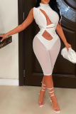 White Sexy Solid Mesh Turtleneck Skinny Rompers