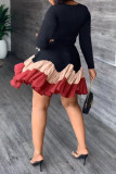 Orange Casual Solid Patchwork Fold O Neck Long Sleeve Dresses