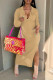 Khaki Casual Solid Slit V Neck Long Sleeve Dresses