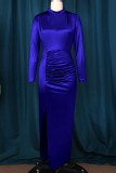 Blue Casual Solid Patchwork Slit Fold O Neck One Step Skirt Dresses