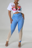 Blue Casual Print Patchwork Skinny High Waist Pencil Patchwork Trousers