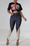 Blue Casual Print Patchwork Skinny High Waist Pencil Patchwork Trousers