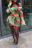 Turquoise Sexy Print Patchwork Strapless Pencil Skirt Dresses