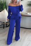 Rose Red Casual Solid Patchwork Pocket Fold Off the Shoulder Straight Jumpsuits