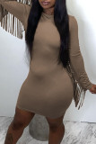 Red Sexy Solid Tassel Patchwork O Neck Pencil Skirt Dresses