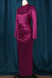 Blue Casual Solid Patchwork Slit Fold O Neck One Step Skirt Dresses