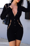 Black Sexy Solid Hollowed Out Turndown Collar Skinny Rompers