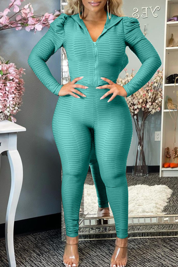 Lake Green Casual Sportswear Solid Patchwork Fold Hooded Collar Long Sleeve Two Pieces