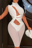 White Sexy Solid Mesh Turtleneck Skinny Rompers