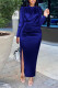 Blue Casual Solid Patchwork Slit Fold O Neck One Step Skirt Dresses