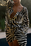 Black Sexy Animal Print Patchwork V Neck Waist Skirt Dresses