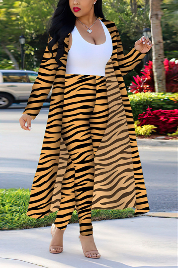 Brown Fashion Casual Zebra Print Long Sleeve Two-Piece Suit