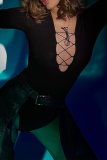 Black Sexy Solid Hollowed Out V Neck Skinny Bodysuits