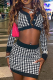Black Sexy Plaid V Neck Long Sleeve Two Pieces