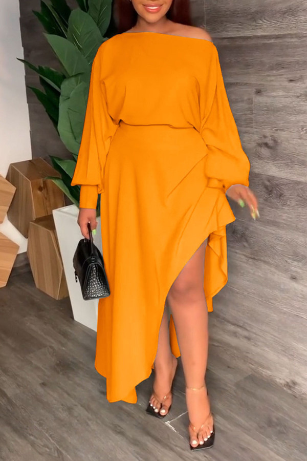 Yellow Casual Solid Patchwork Asymmetrical Off the Shoulder Long Sleeve Two Pieces