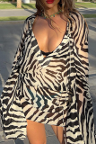 Black Sexy Animal Print Patchwork V Neck Waist Skirt Dresses