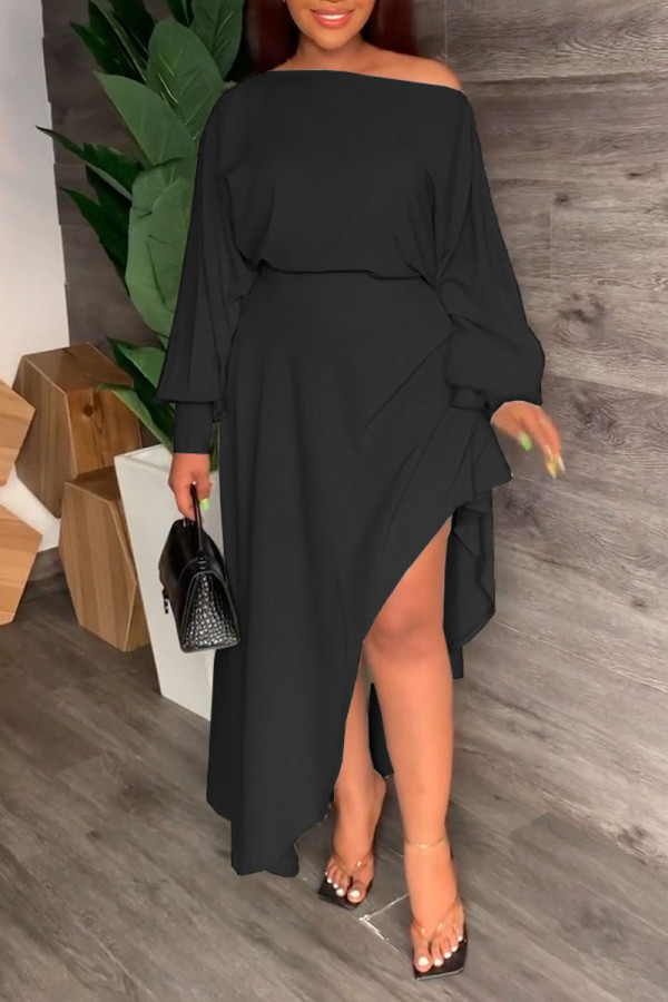 Black Casual Solid Patchwork Asymmetrical Off the Shoulder Long Sleeve Two Pieces