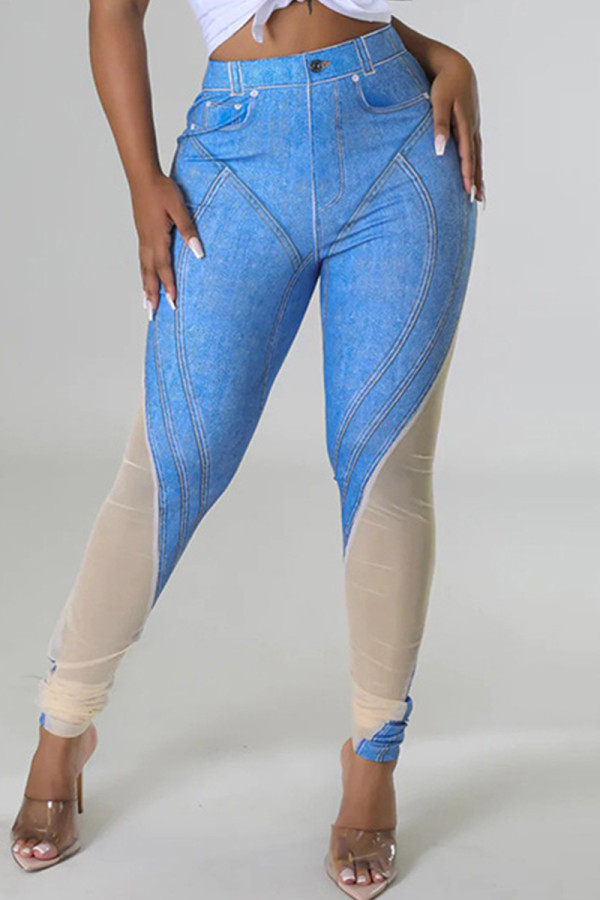 Blue Casual Print Patchwork Skinny High Waist Pencil Patchwork Trousers