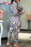Coffee Sexy Print Patchwork Turndown Collar Long Sleeve Two Pieces