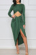 Green Sexy Solid Hollowed Out Patchwork Asymmetrical O Neck One Step Skirt Dresses