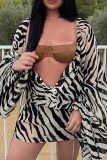 Black Sexy Animal Print Patchwork V Neck Waist Skirt Dresses