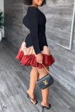 Orange Casual Solid Patchwork Fold O Neck Long Sleeve Dresses