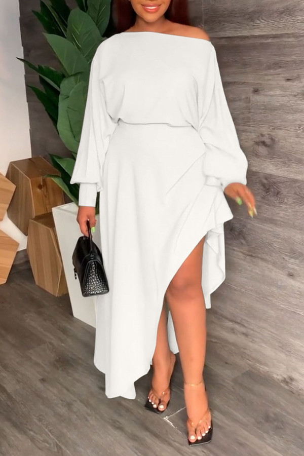 White Casual Solid Patchwork Asymmetrical Off the Shoulder Long Sleeve Two Pieces