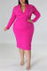Rose Red Casual Solid Patchwork V Neck Long Sleeve Plus Size Dresses