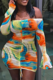Turquoise Sexy Print Patchwork Strapless Pencil Skirt Dresses