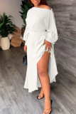 White Casual Solid Patchwork Asymmetrical Off the Shoulder Long Sleeve Two Pieces