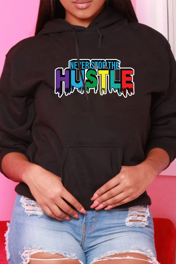 Black Casual Print Patchwork Hooded Collar Tops