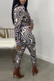 Coffee Sexy Print Patchwork Turndown Collar Long Sleeve Two Pieces