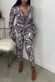 Coffee Sexy Print Patchwork Turndown Collar Long Sleeve Two Pieces